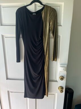 Long Sleeve Black and Gold Two-Tone Ruched Dress